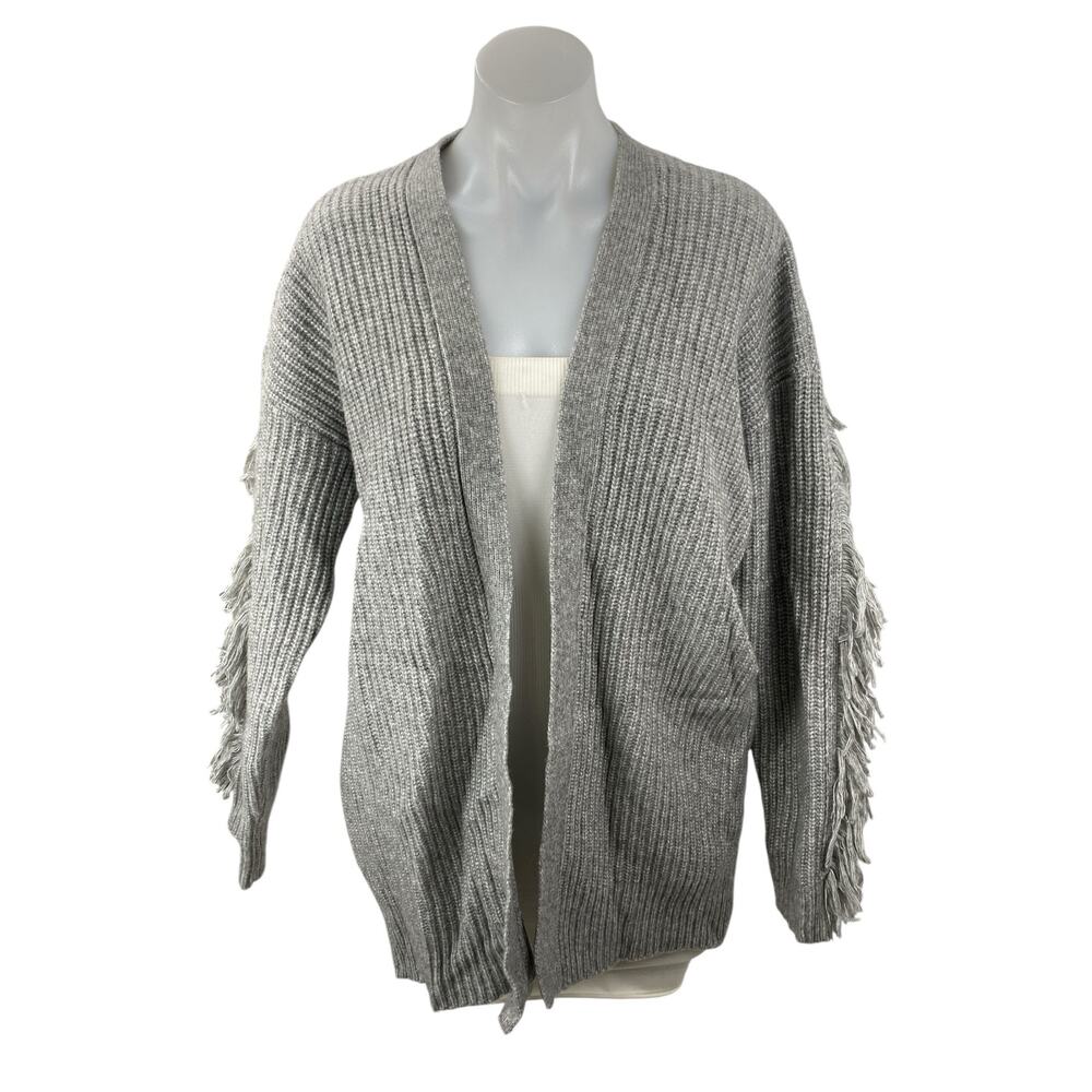 Tularosa Womens Gray Fringe Ribbed Knit  Long Sleeve Open Cardigan Sweater Top S
